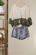 Boho Color Block Crochet Top: Ivory/Olive