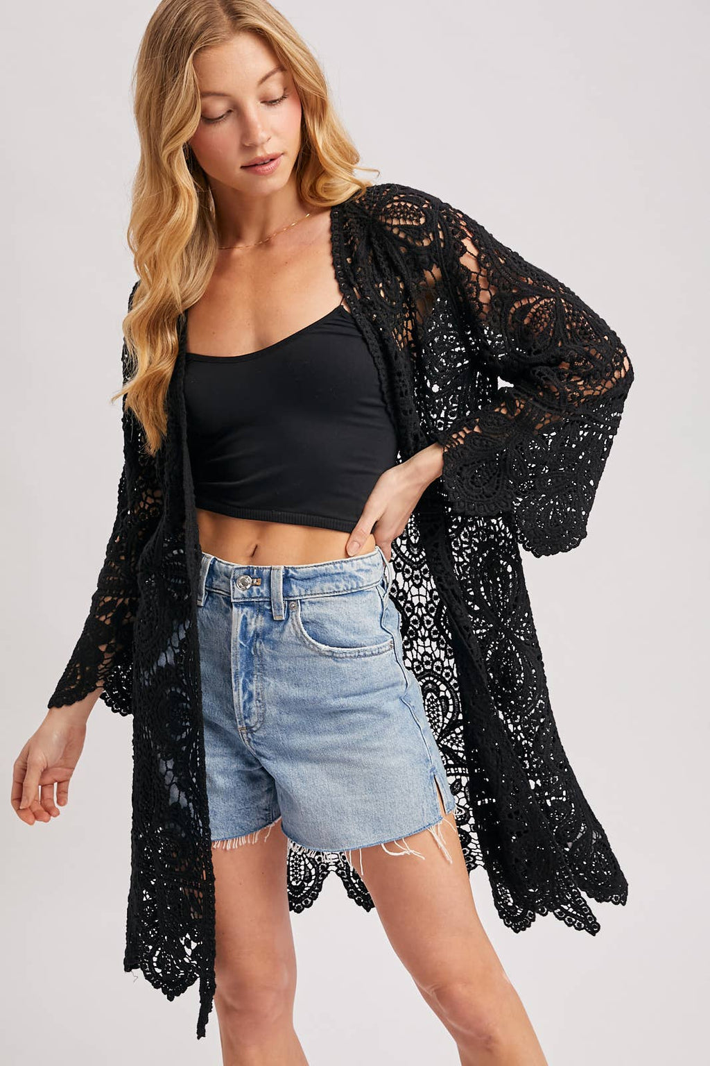 CROCHET OPEN FRONT BELL SLEEVED CARDIGAN: LATTE / S/M