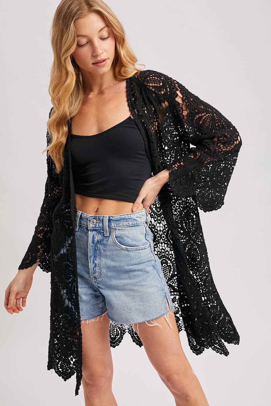 CROCHET OPEN FRONT BELL SLEEVED CARDIGAN: LATTE / M/L