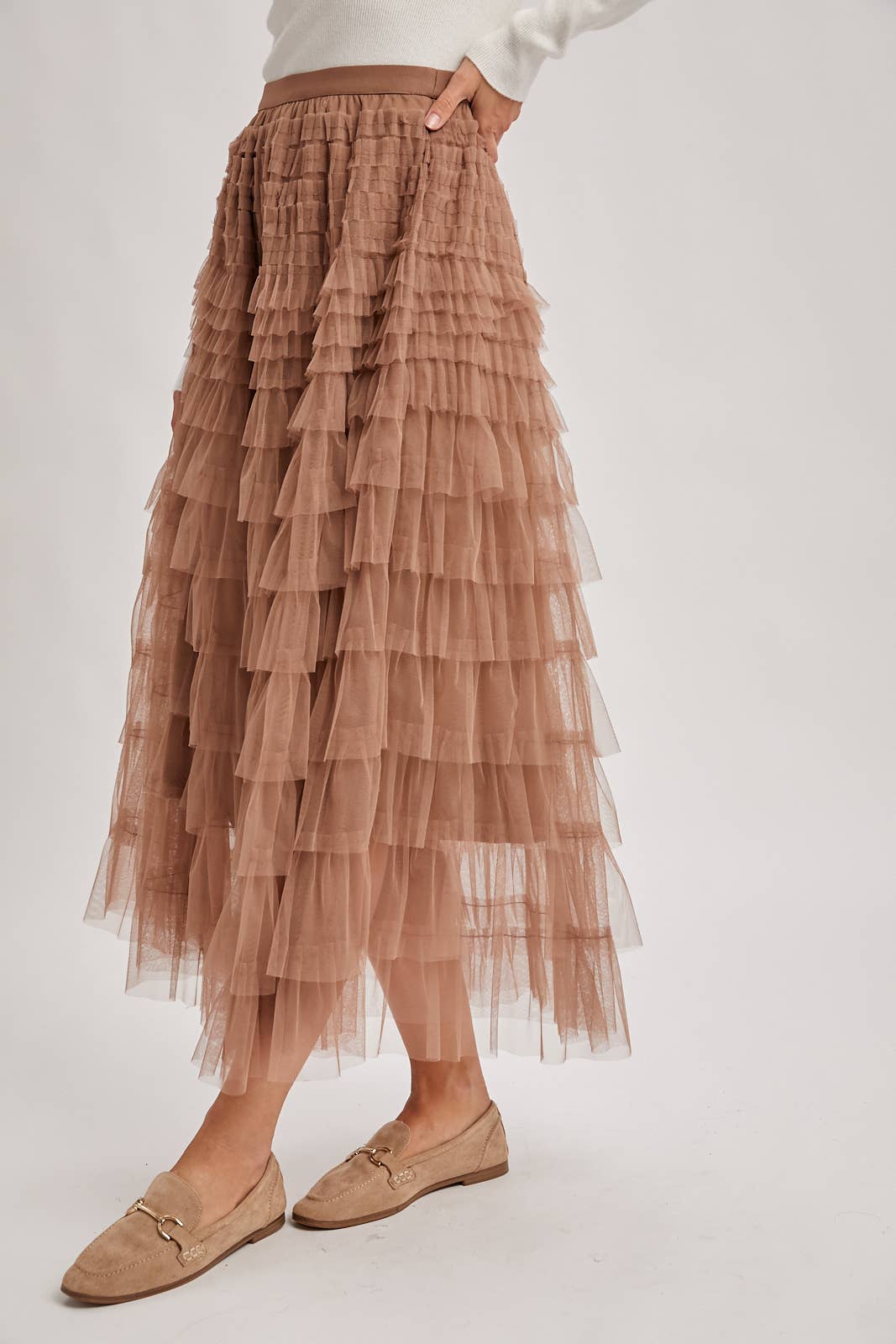 RUFFLED TULLE MIDI SKIRT: MAUVE / M