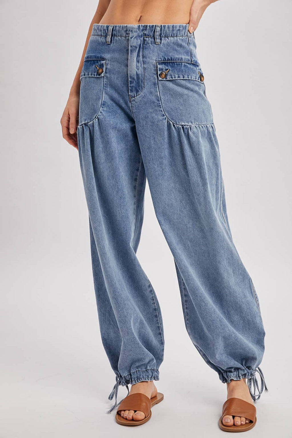 DENIM ANKLE DRAWSTRING BALLOON JEANS: DK.WASH / S