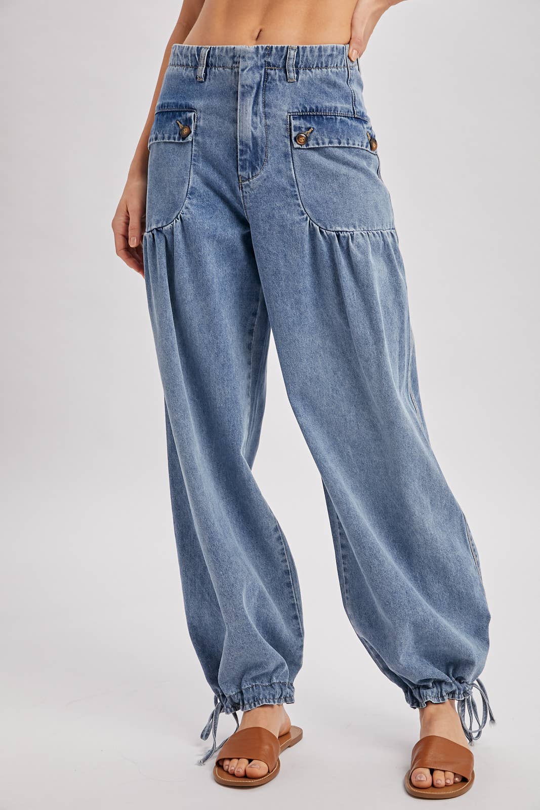 DENIM ANKLE DRAWSTRING BALLOON JEANS: DK.WASH / S