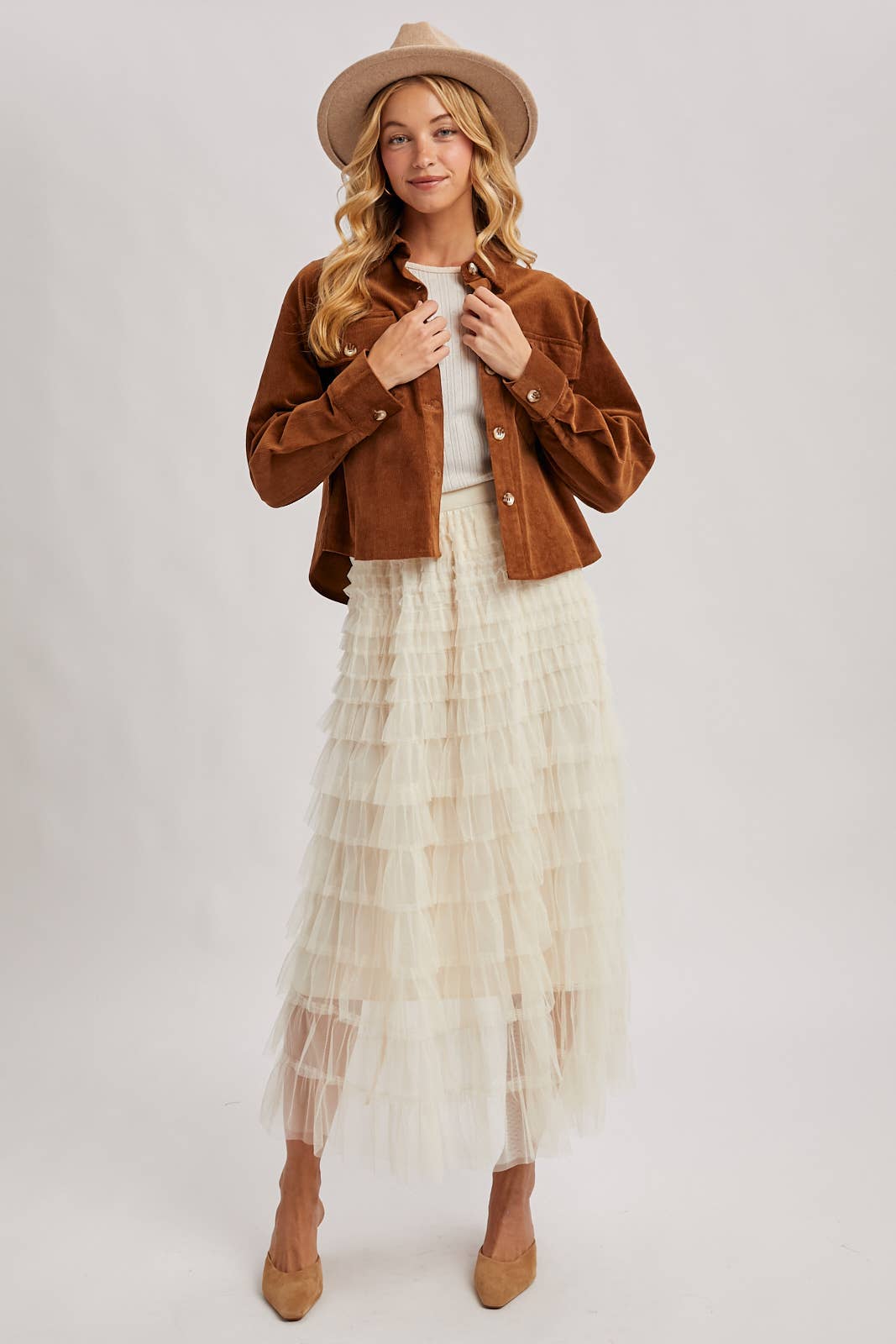 RUFFLED TULLE MIDI SKIRT: MAUVE / M