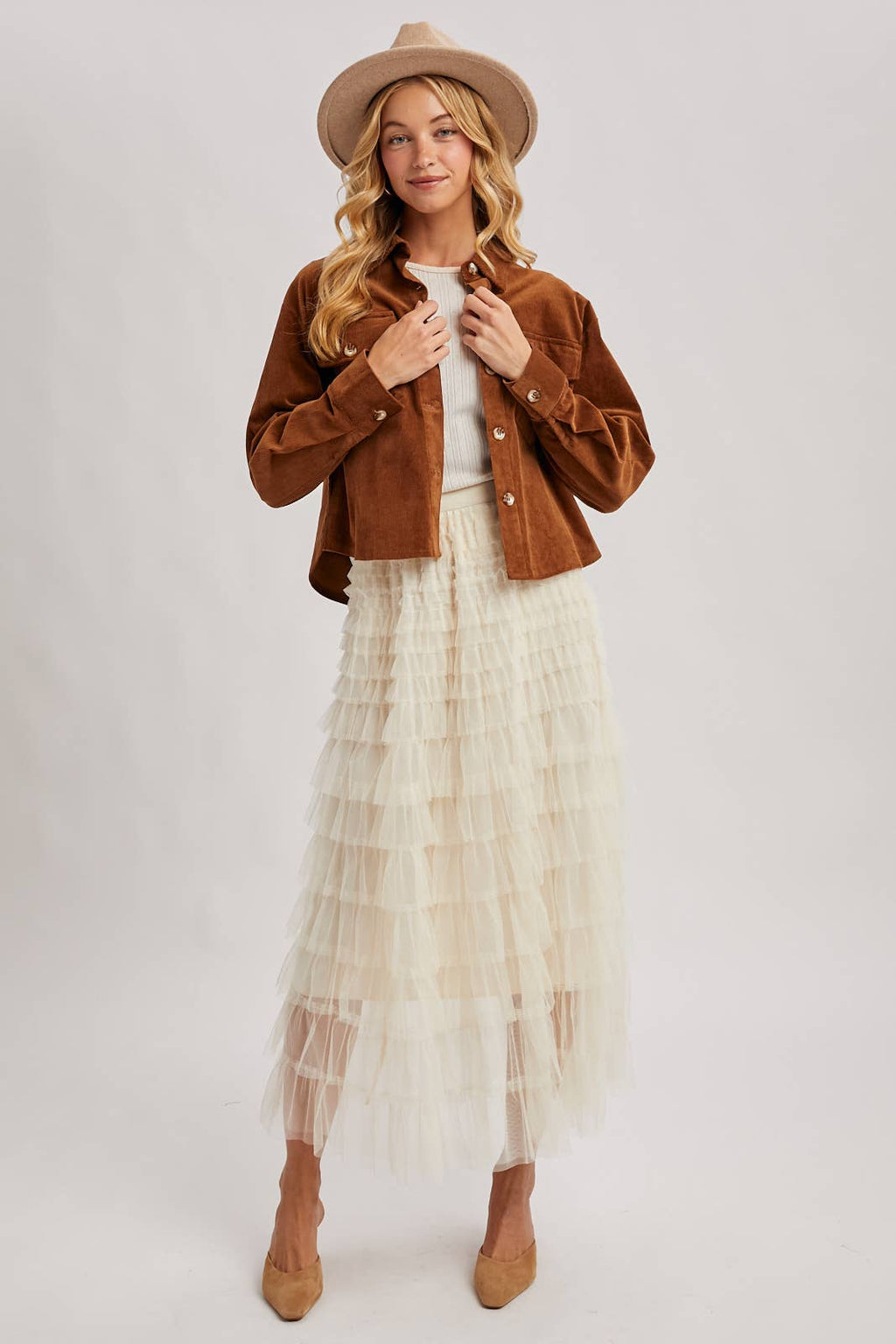 RUFFLED TULLE MIDI SKIRT: MAUVE / S