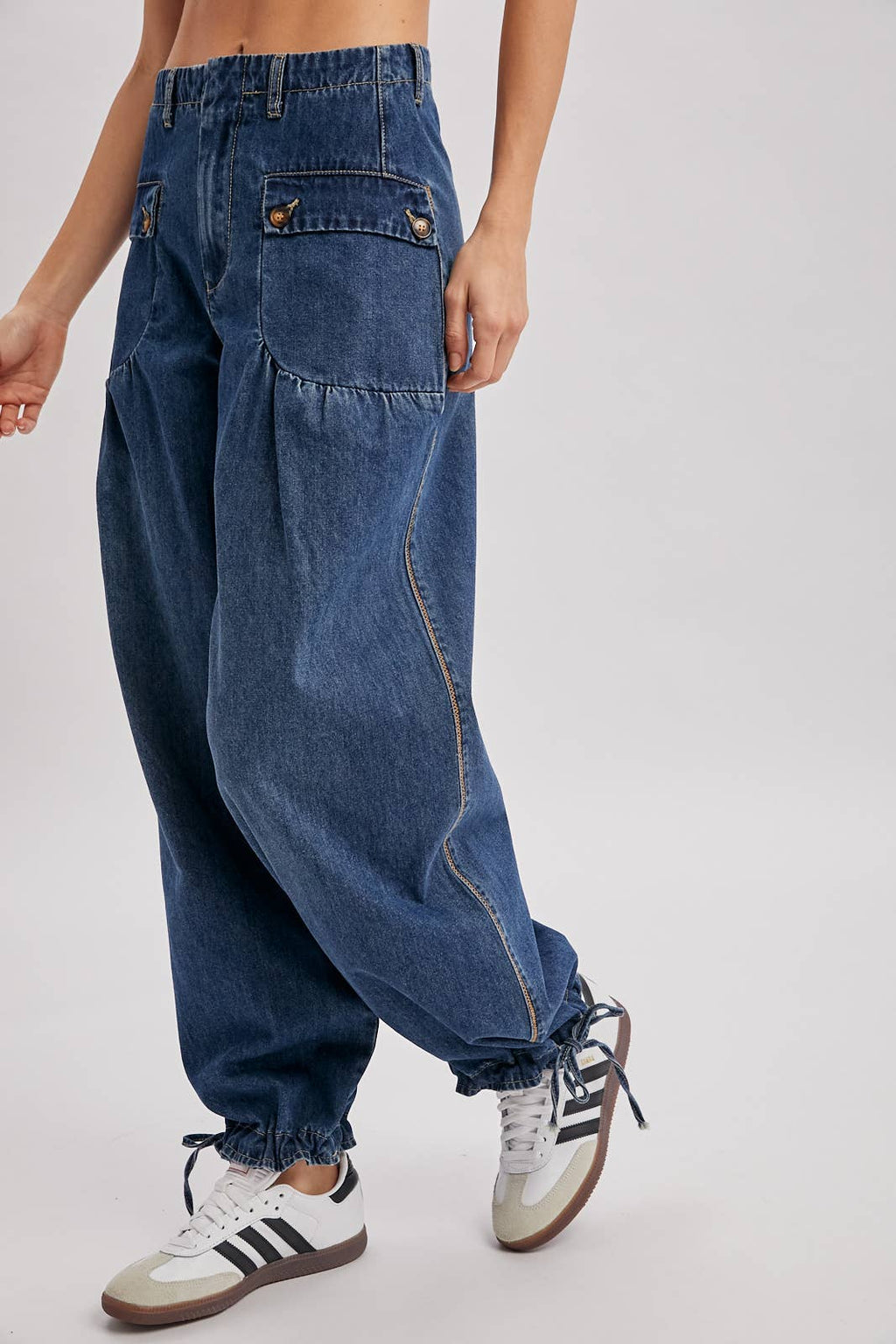 DENIM ANKLE DRAWSTRING BALLOON JEANS: DK.WASH / S