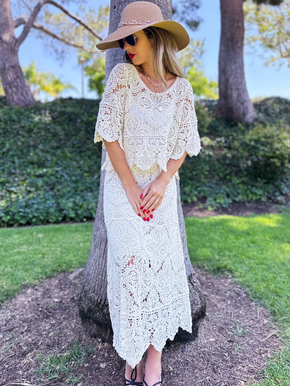 Boho Floral Crochet Maxi Skirt | Matching Set Available: Ivory / One Size