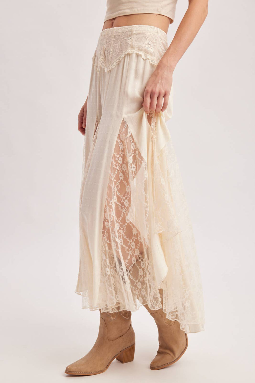 BOHO FLOWY LACE MAXI SKIRT WITH NO LINING - EASTER DAY: ECRU / L