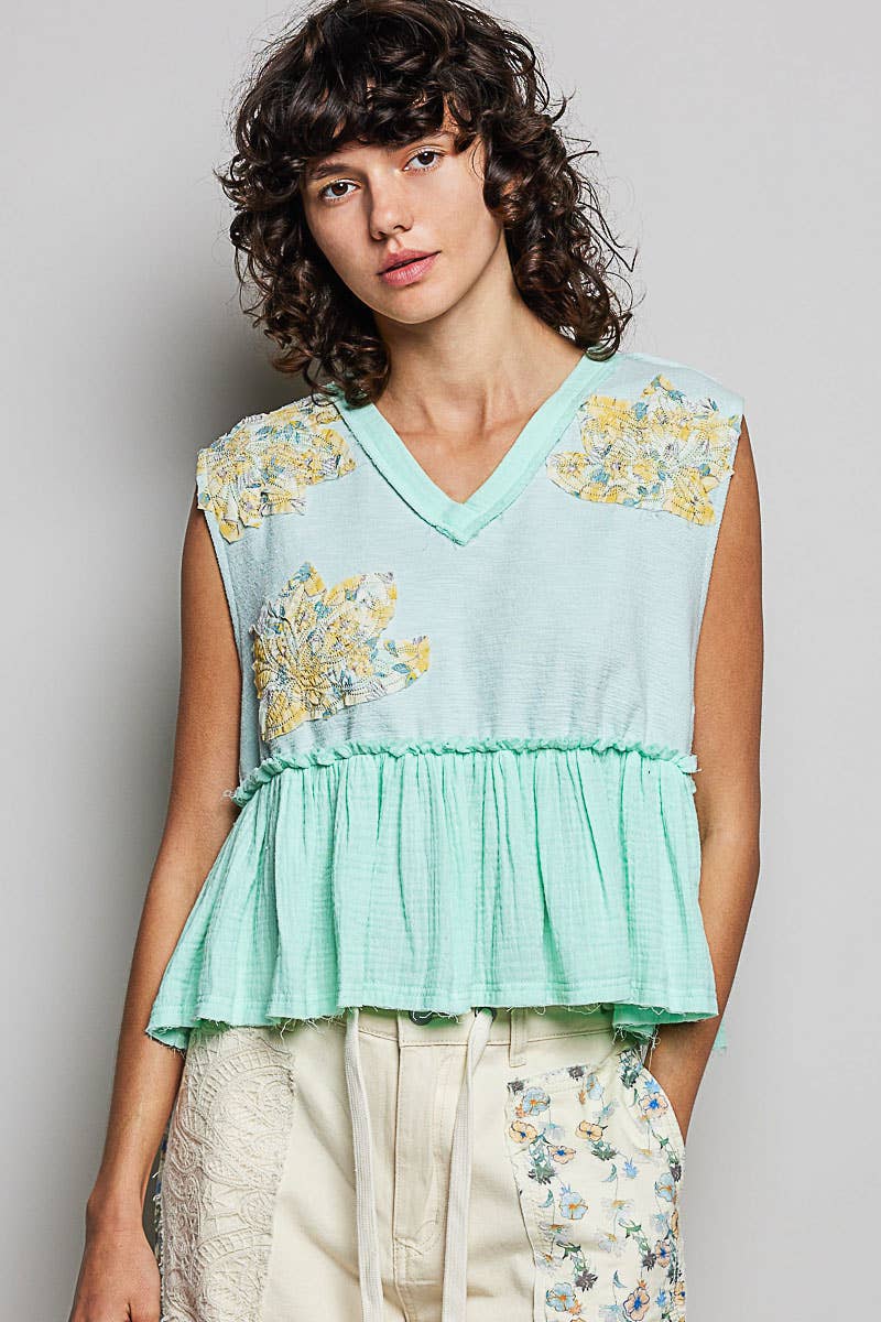 Boho Floral Patch V-Neck Sleeveless Top: NATURAL