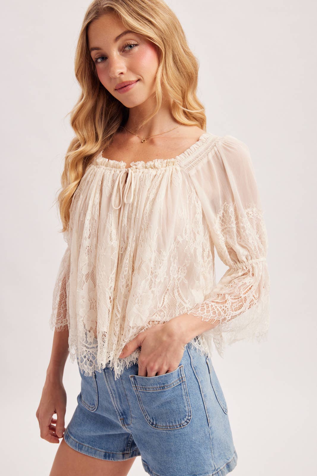 WIDE NECK RUFFLED EYELASH LACE BLOUSE - EASTER DAY: MAUVE / L