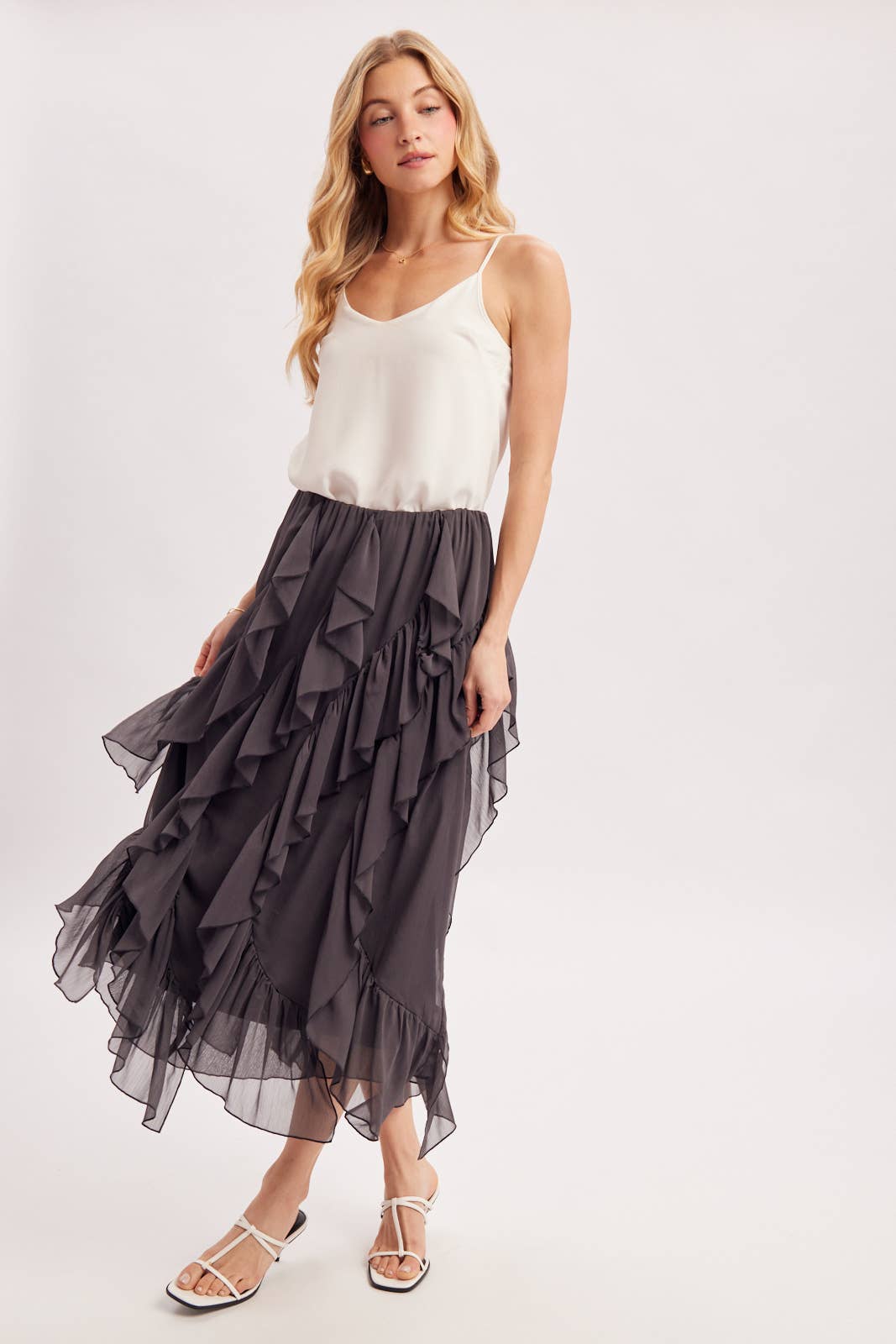 SEMI-SHEER CHIFFON RUFFLED TULLE MIDI SKIRT: ECRU