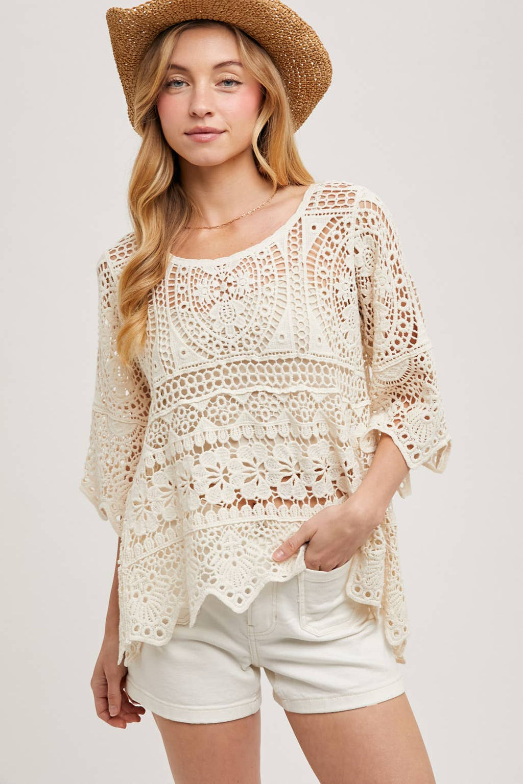 BEACH COVER-UP SHEER CROCHET TOP WITH NO LINING: NATURAL