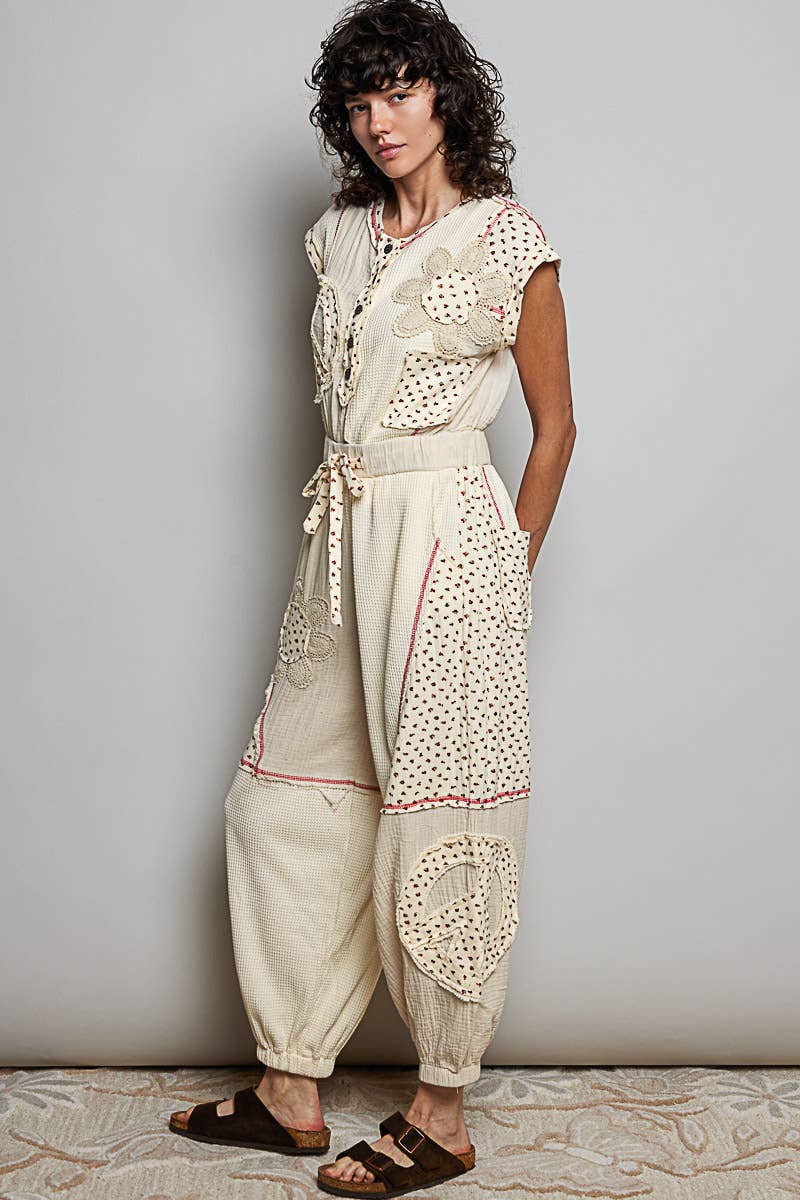 Elastic Hem Waistband Thermal Tapered Overalls: CREAM / S