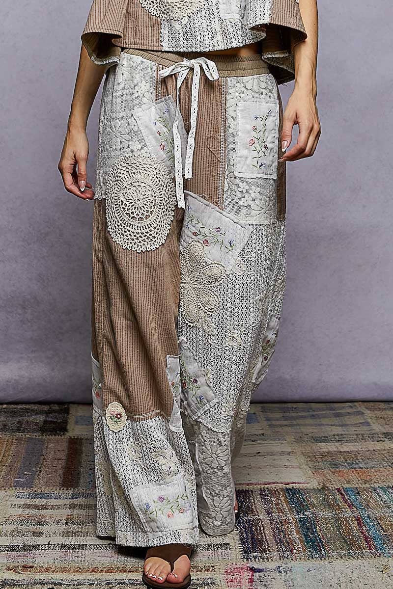 Solid Lace Patch Detail Woven Pants: CHOCO STRIPE