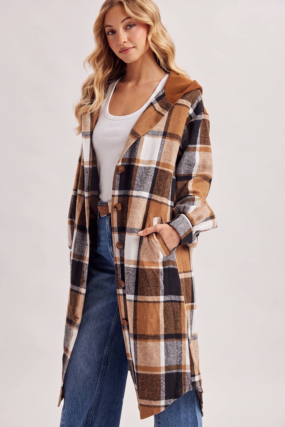 LONGLINE PLAID HOODED JACKET