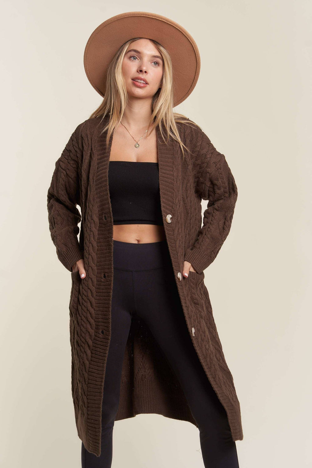 LESW3450A - CABLE KNIT LONG SWEATER CARDIGAN: BROWN / S/M-M/L(3-3)