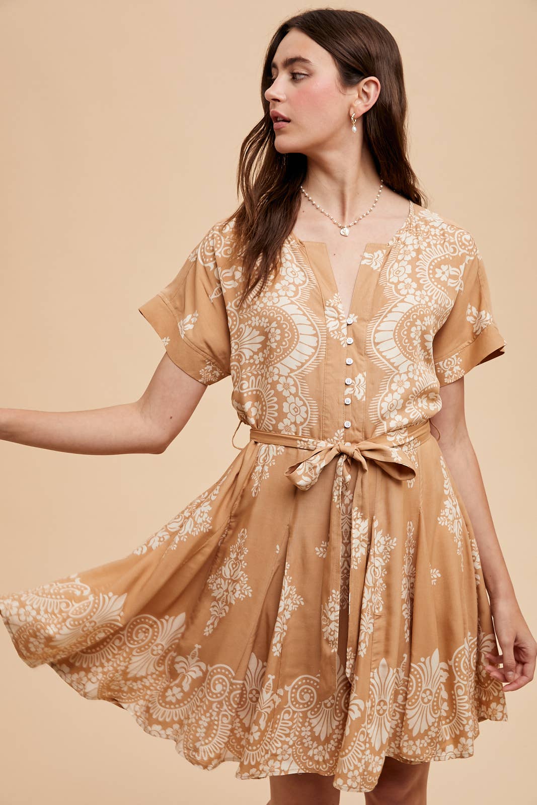 BORDER PRINT FLARED MINI DRESS: JADE