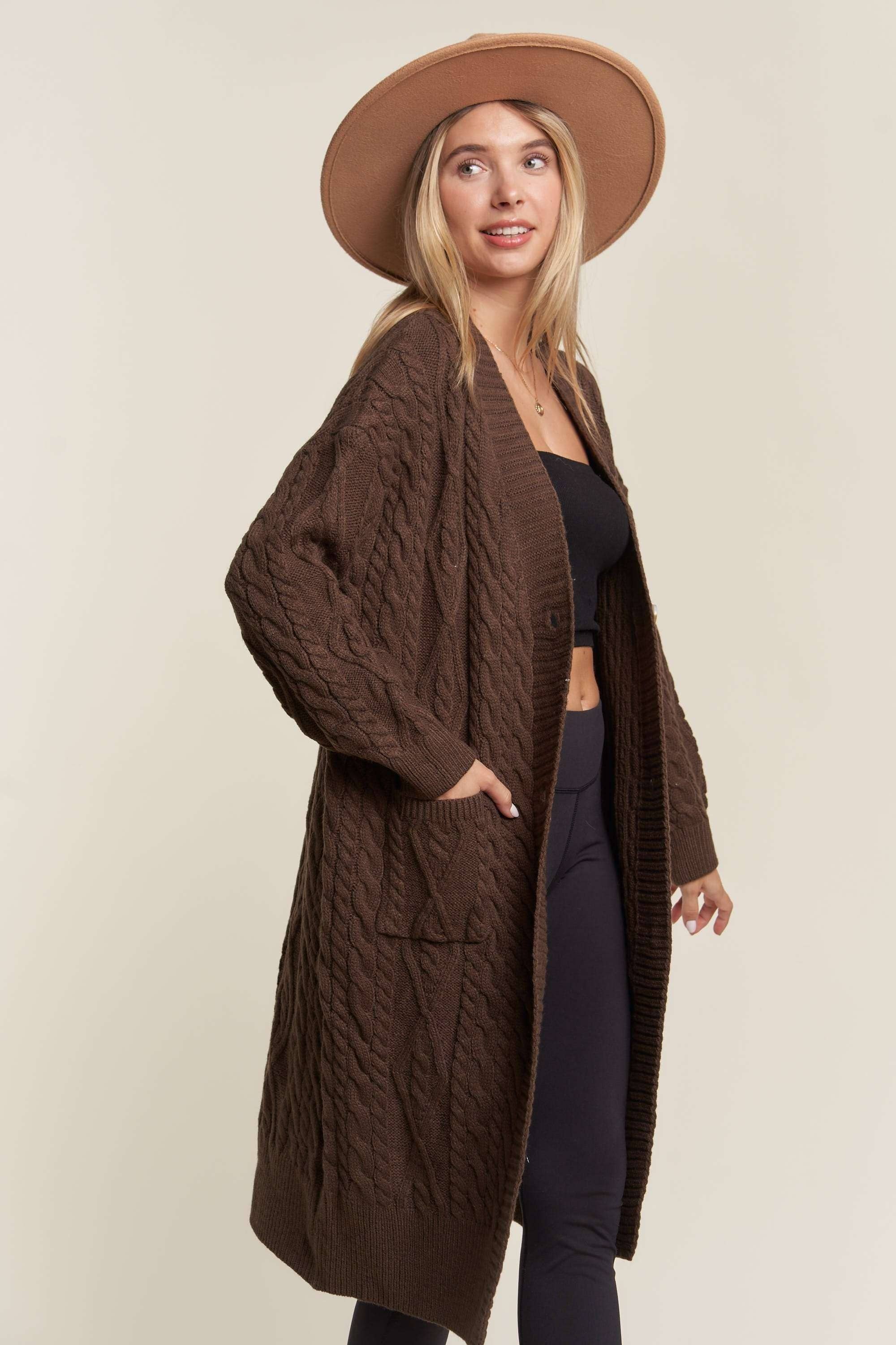 LESW3450A - CABLE KNIT LONG SWEATER CARDIGAN: BEIGE / S/M-M/L(3-3)