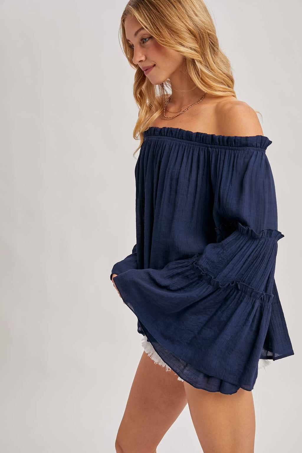 TEXTURED BELL SLEEVE OFF THE SHOULDER TOP: ROSE / S