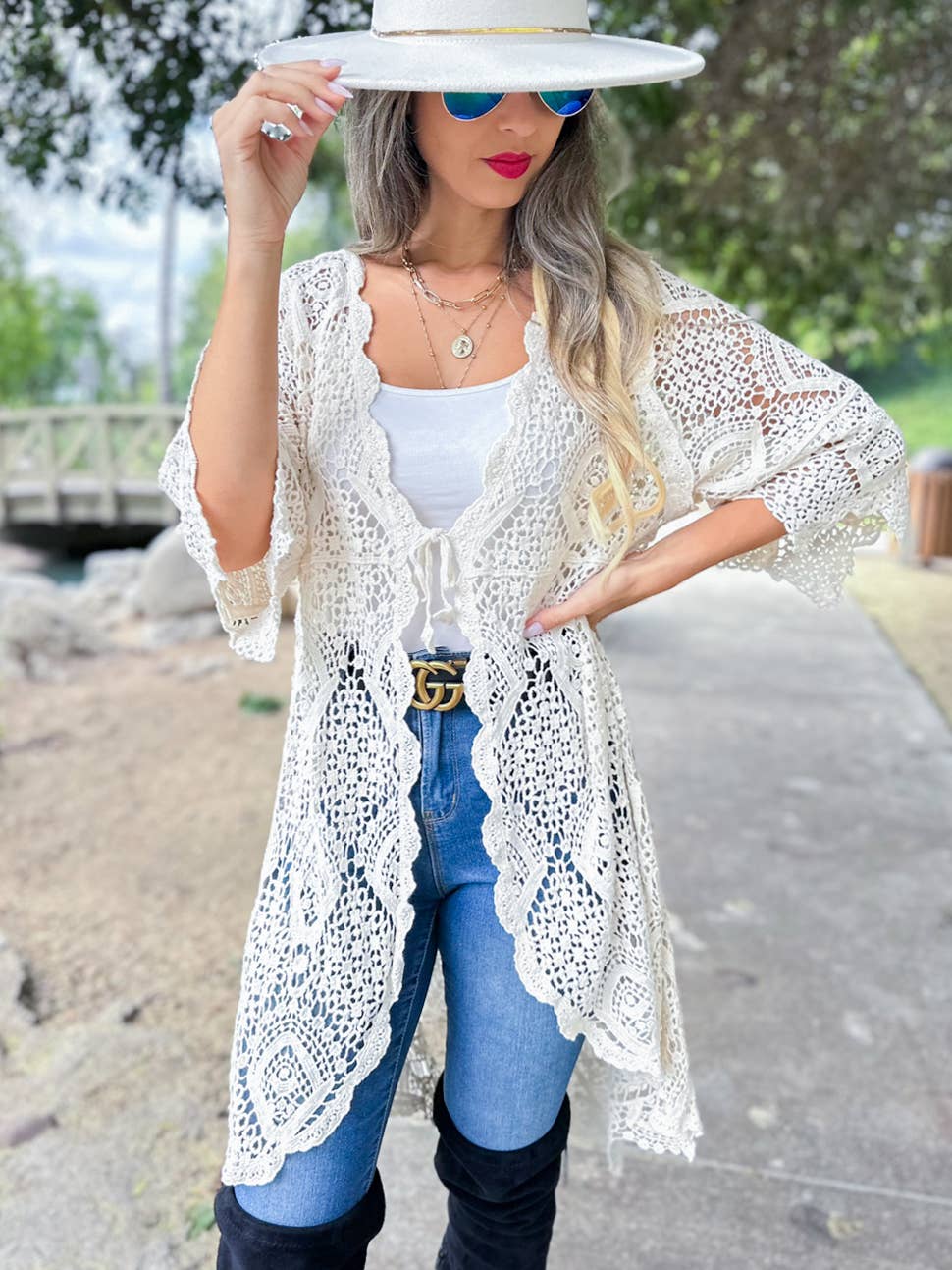Unique Boho Open Front High-Low Crochet Cardigan With Tie: Ivory / One Size