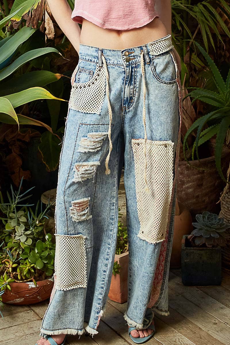 Stud Detail Woven Denim Pants: SAND LEOPARD / S