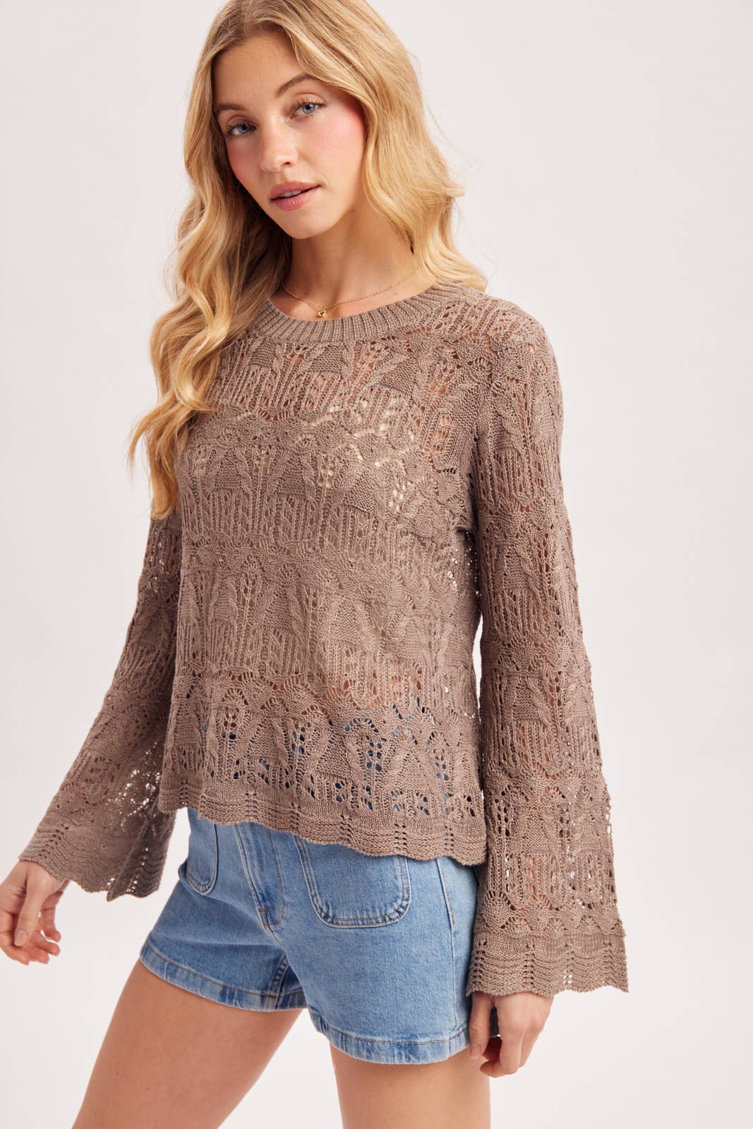BOHO POINTELLE OPEN KNIT TOP PULLOVER