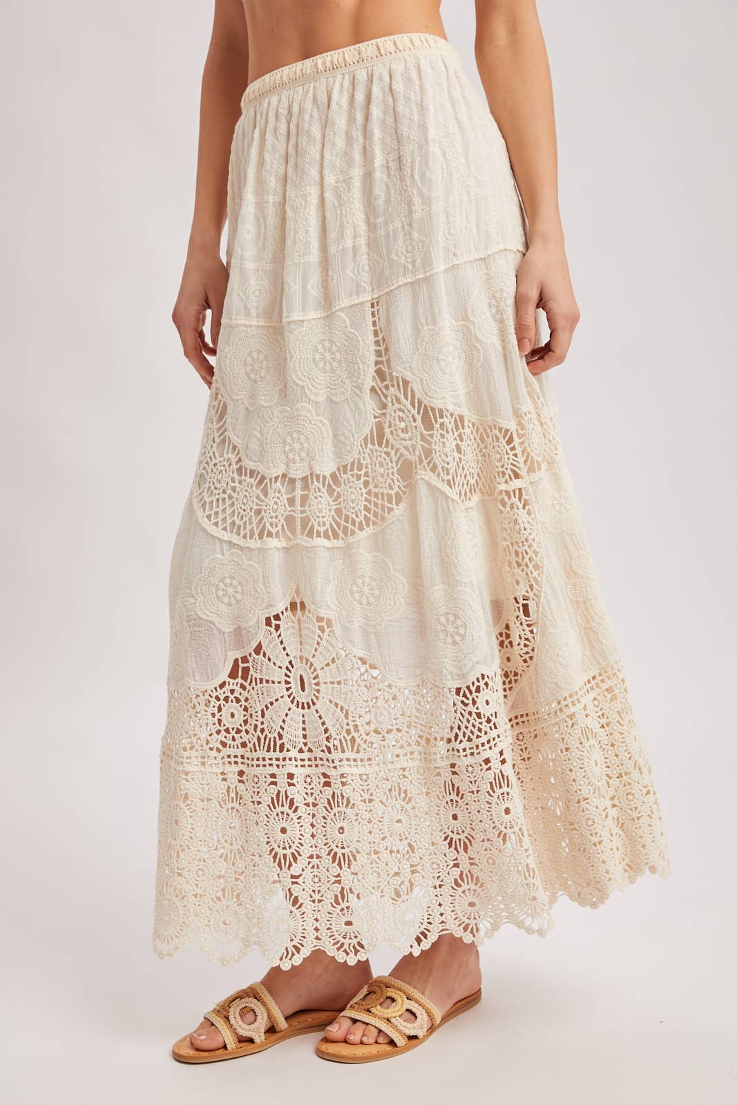 BOHO SHEER LACE MAXI SKIRT WITH LINING: NATURAL / M