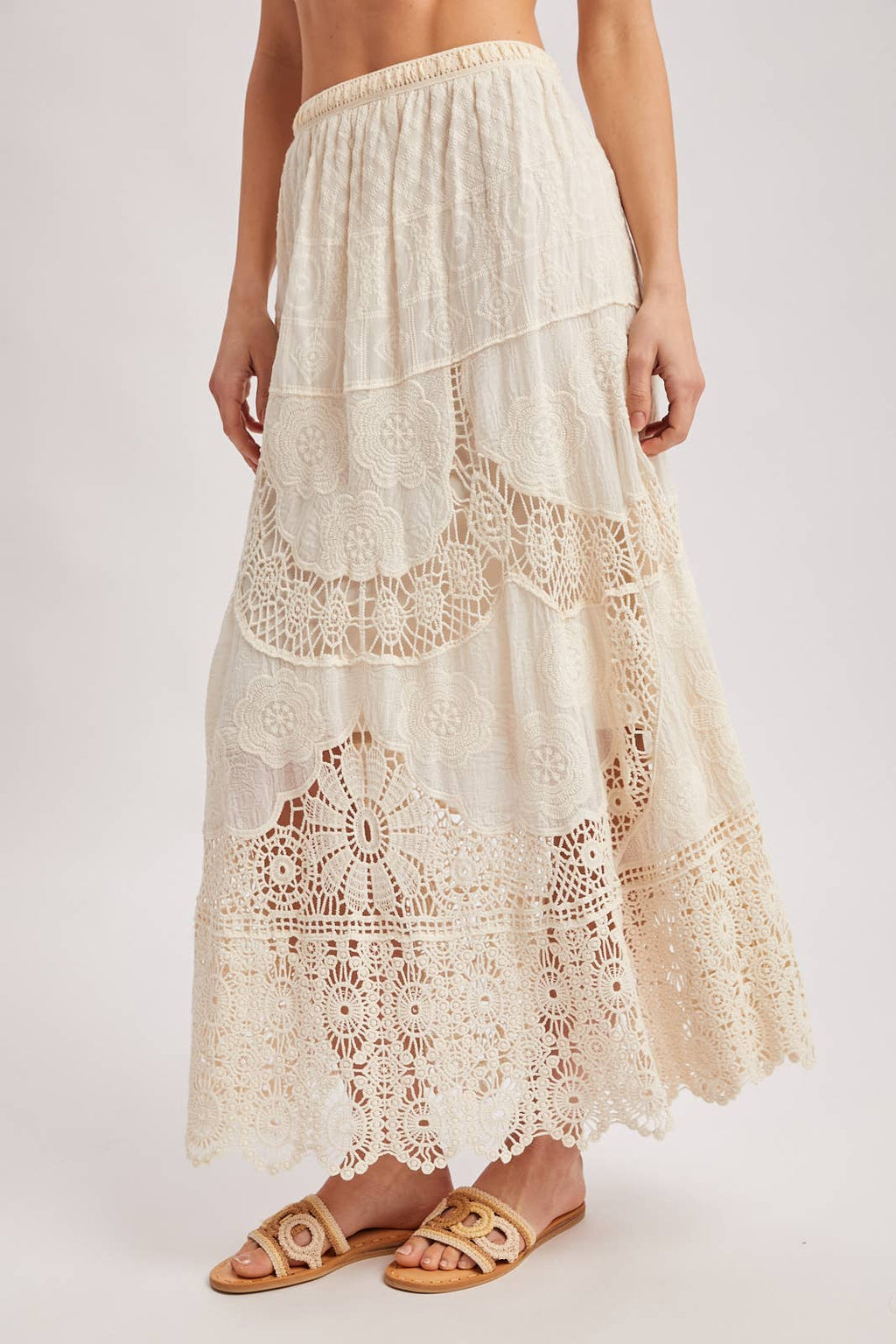 BOHO SHEER LACE MAXI SKIRT WITH LINING: NATURAL / S