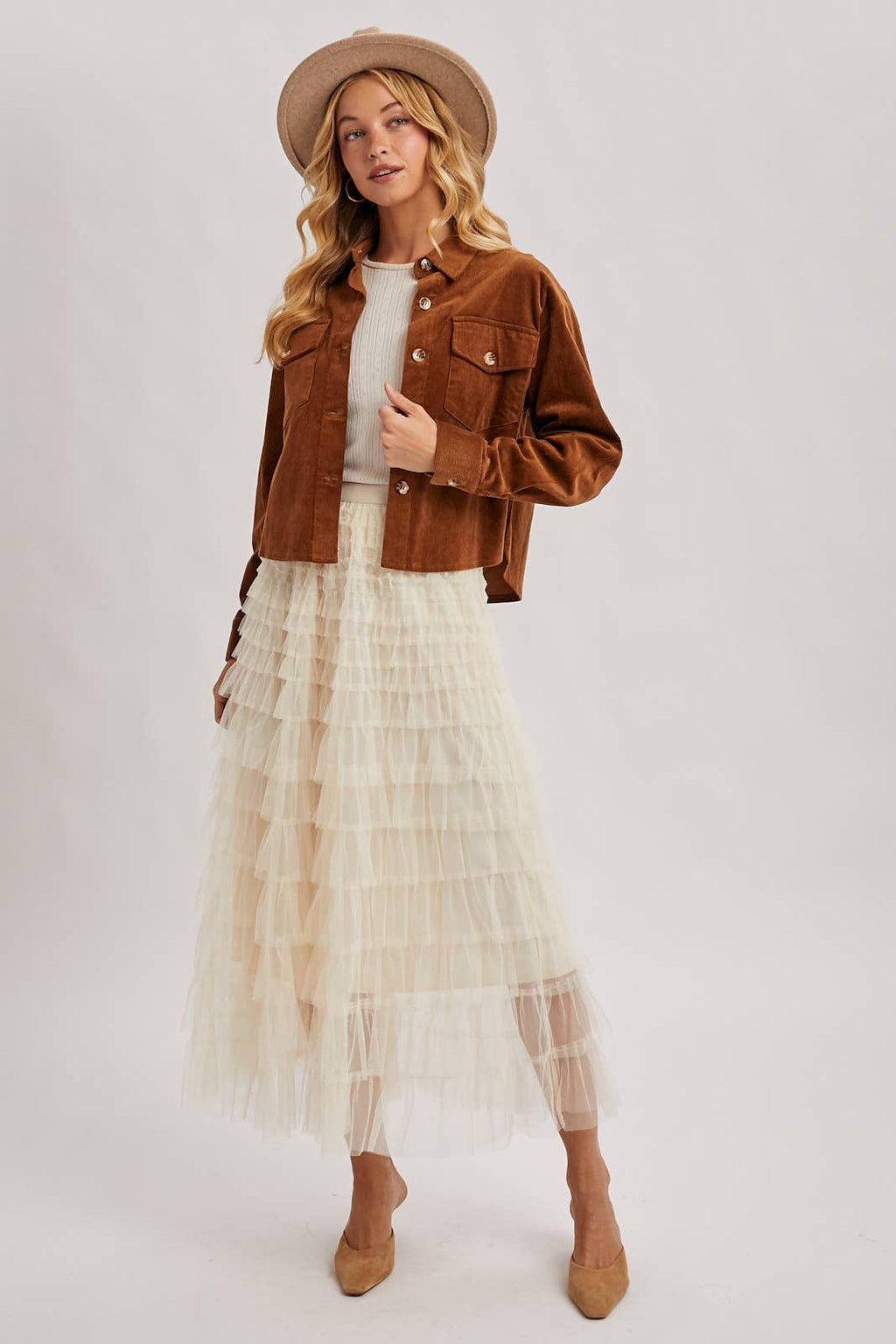 RUFFLED TULLE MIDI SKIRT: MAUVE / M