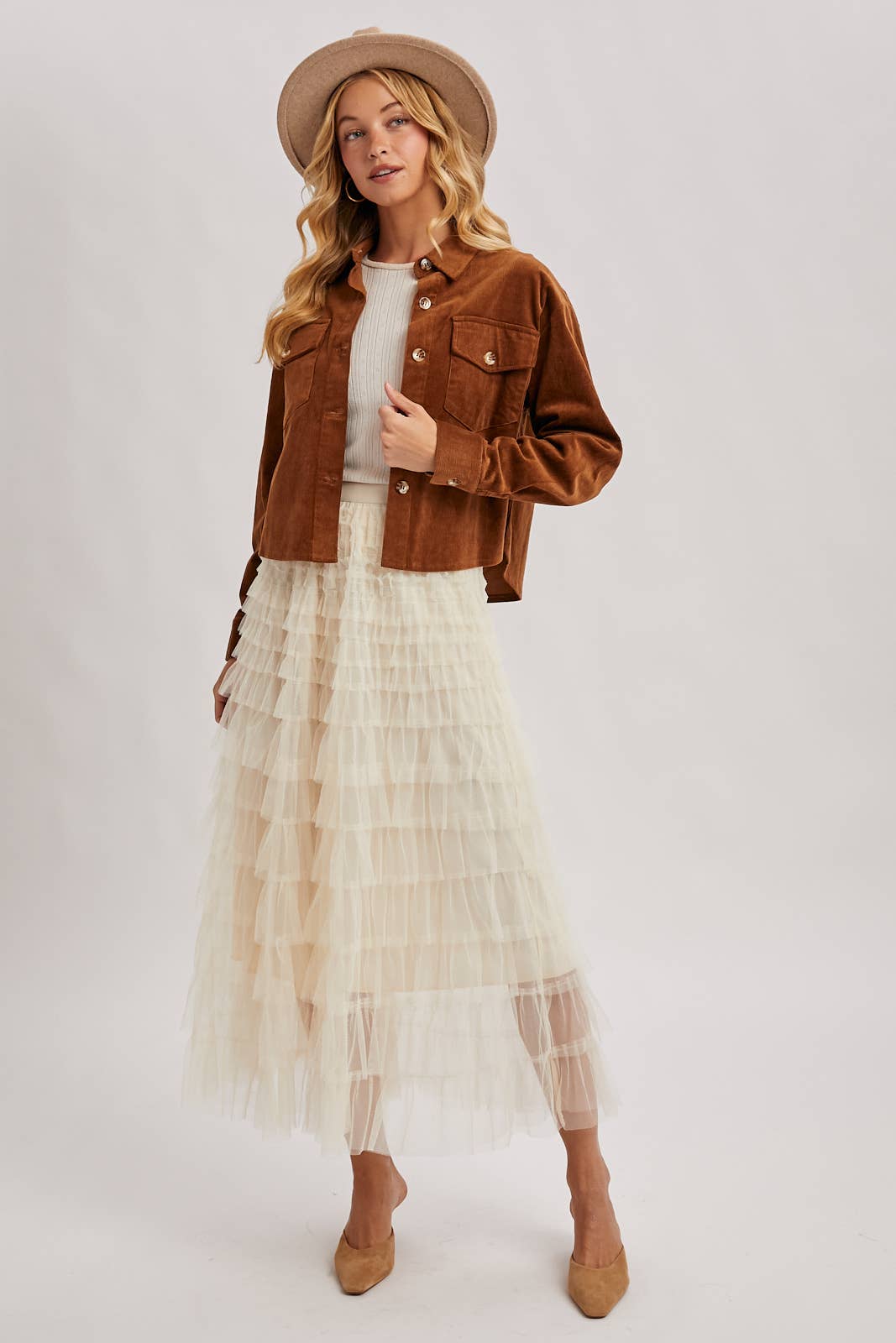 RUFFLED TULLE MIDI SKIRT: MAUVE / S