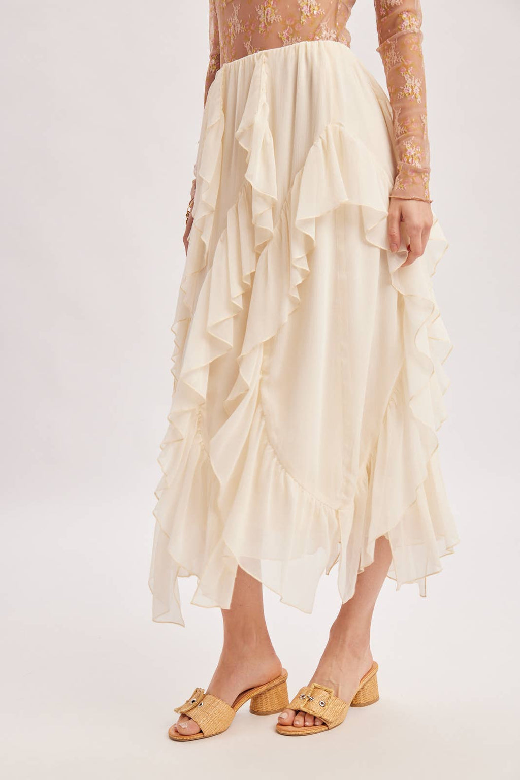 SEMI-SHEER CHIFFON RUFFLED TULLE MIDI SKIRT: ECRU