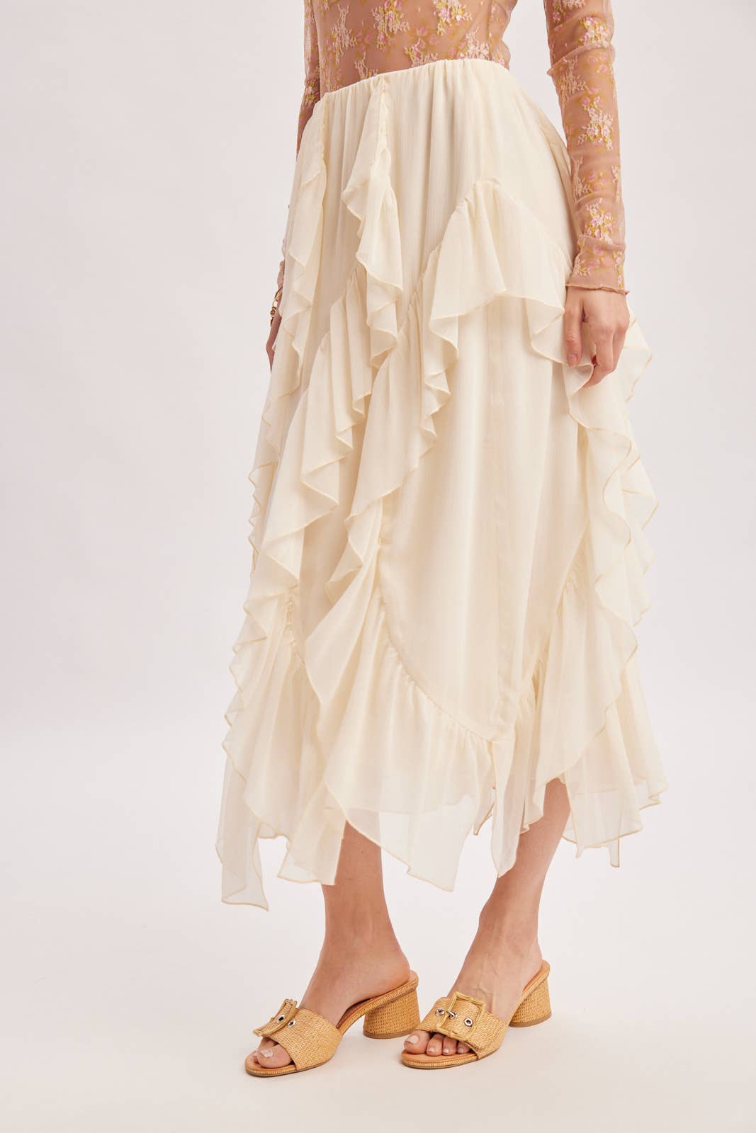 SEMI-SHEER CHIFFON RUFFLED TULLE MIDI SKIRT: ECRU