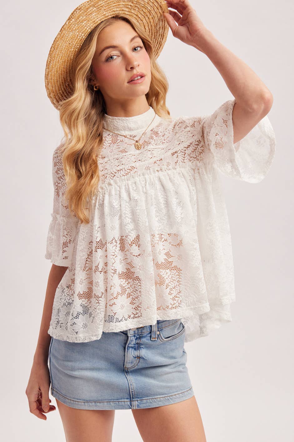 MOCK NECK BABY DOLL LACE TOP WITH NO LINING - EASTER DAY: Black / S