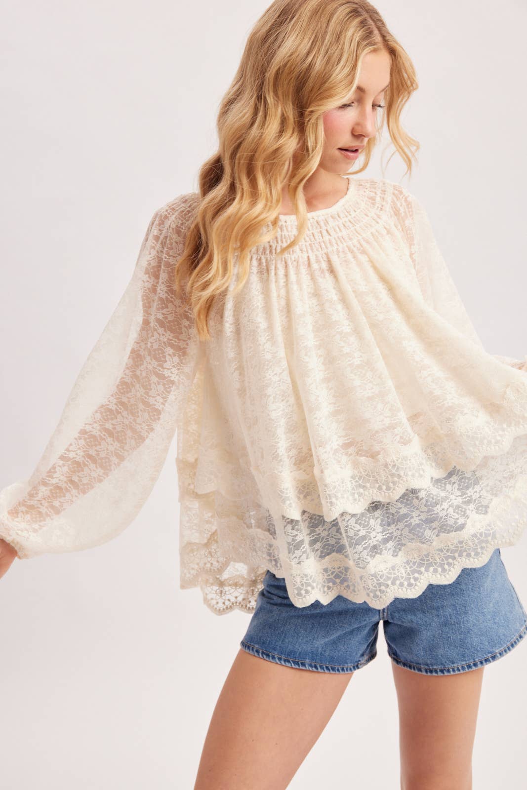LAYERED LACE TIE-FRONT CLOSURES 2-WAY BLOUSE - EASTER DAY: ECRU / M/L