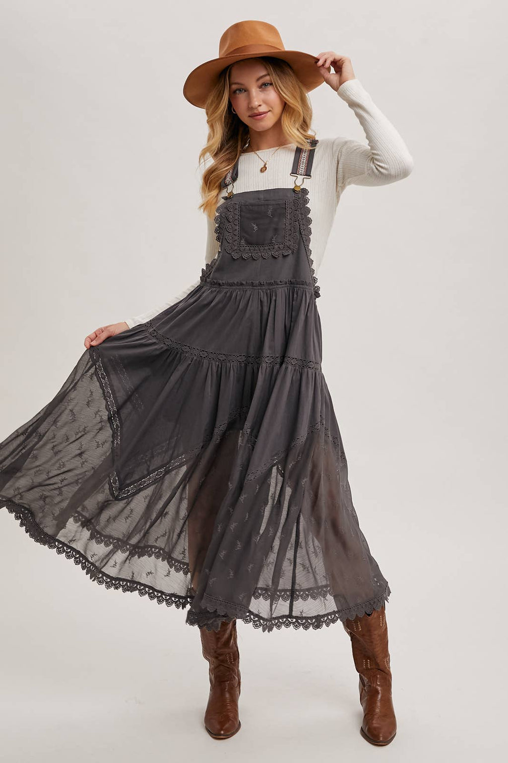LACE EMBROIDERED TULLE BIB MAXI DRESS: ASH