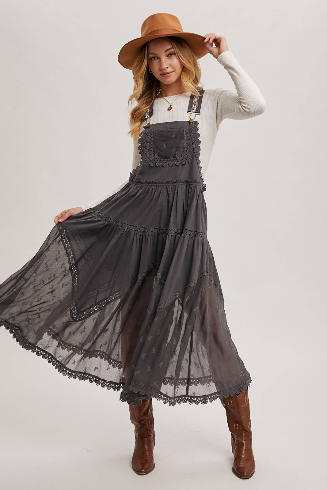 LACE EMBROIDERED TULLE BIB MAXI DRESS: ASH