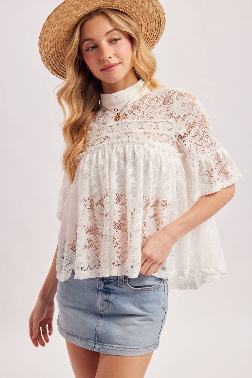 MOCK NECK BABY DOLL LACE TOP WITH NO LINING - EASTER DAY: IVORY / S
