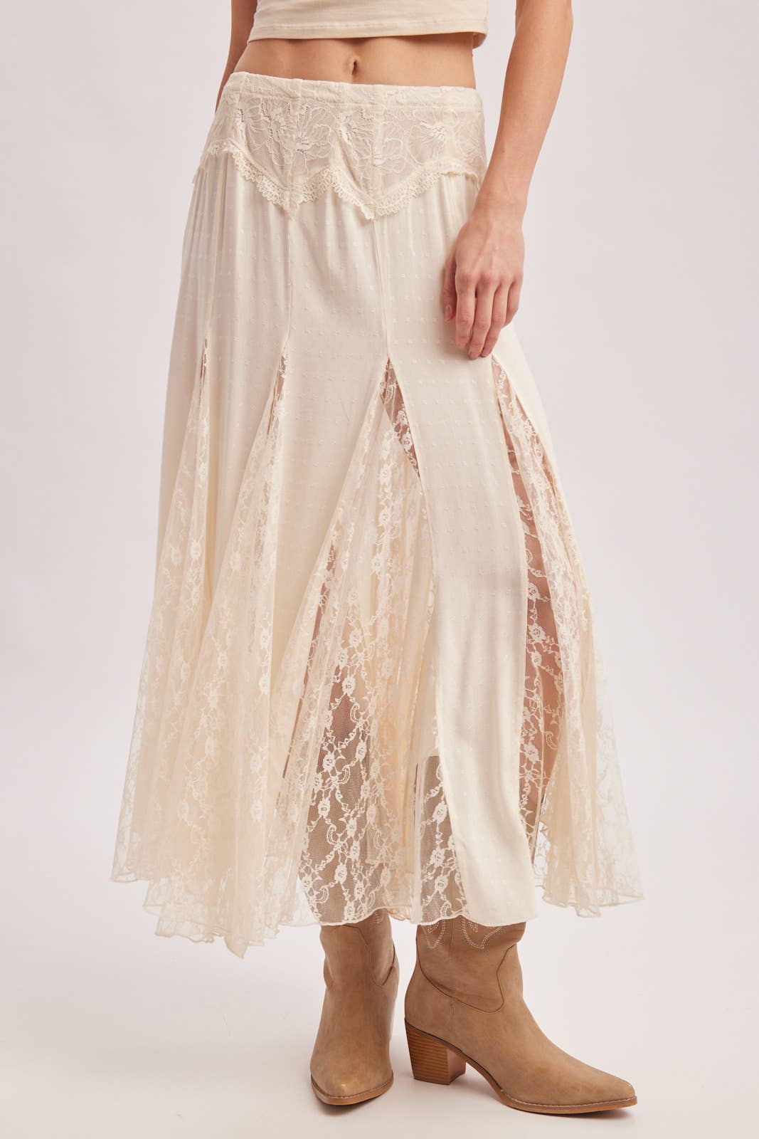 BOHO FLOWY LACE MAXI SKIRT WITH NO LINING - EASTER DAY: ECRU / S