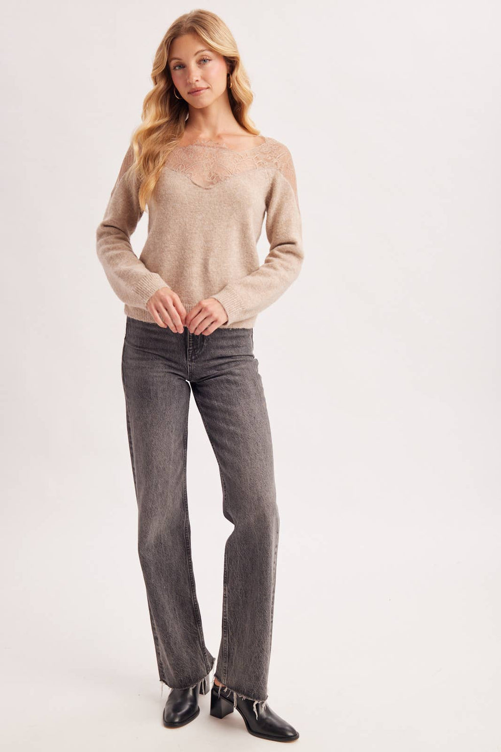EYELASH LACE TRIMMED KNIT PULLOVER