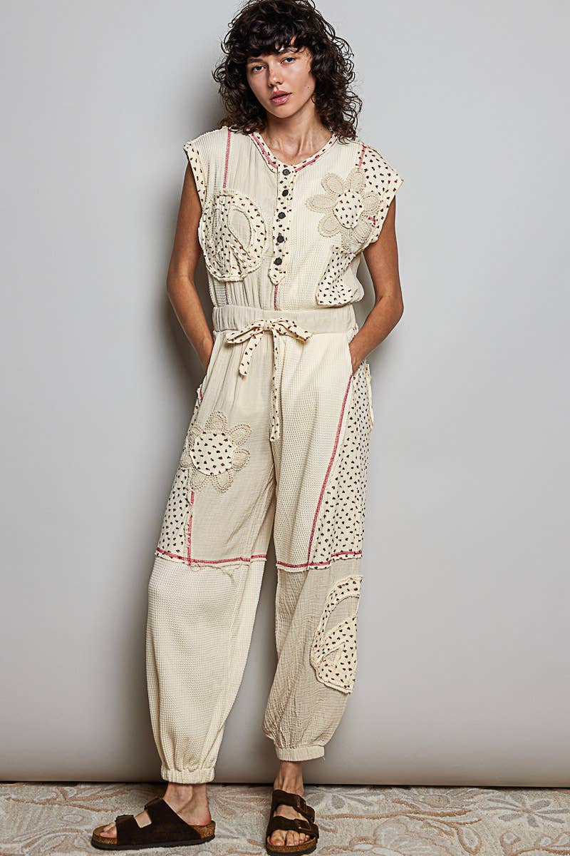Elastic Hem Waistband Thermal Tapered Overalls: CREAM / L