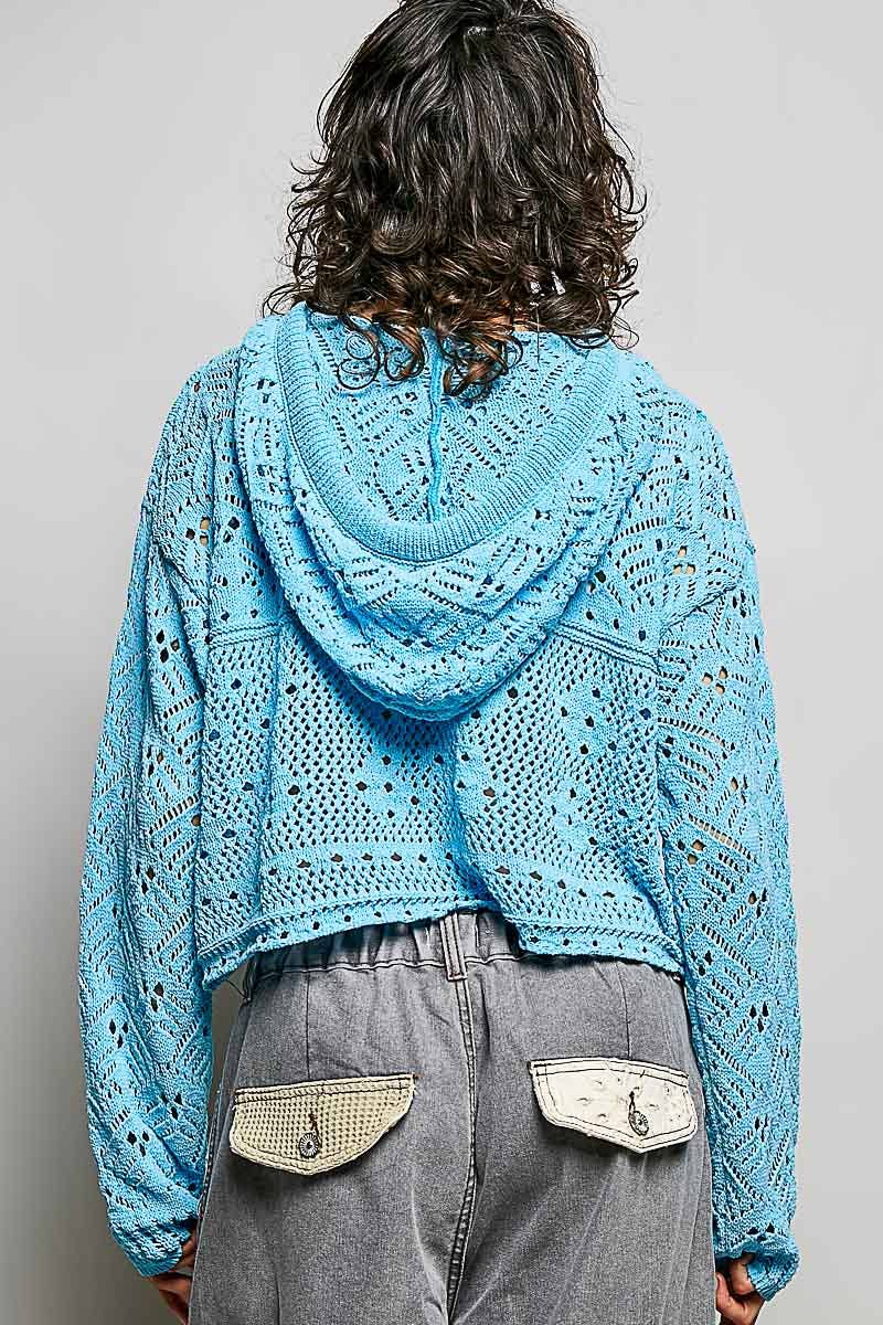 Chenille Crochet Lightweight Pullover Hoodie Sweater: NATURAL / L