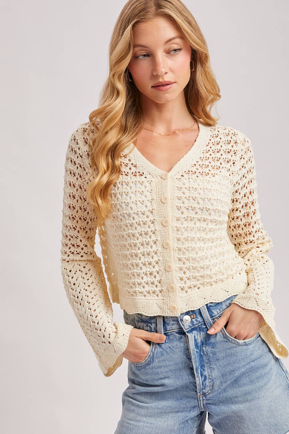 BUTTON DOWN OPEN-KNIT CROCHET CARDIGAN: MOCHA / M