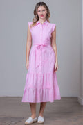 HD30551T-APPLIQUE TIERED SKIRT MIDI DRESS : Pink / Contemporary / L