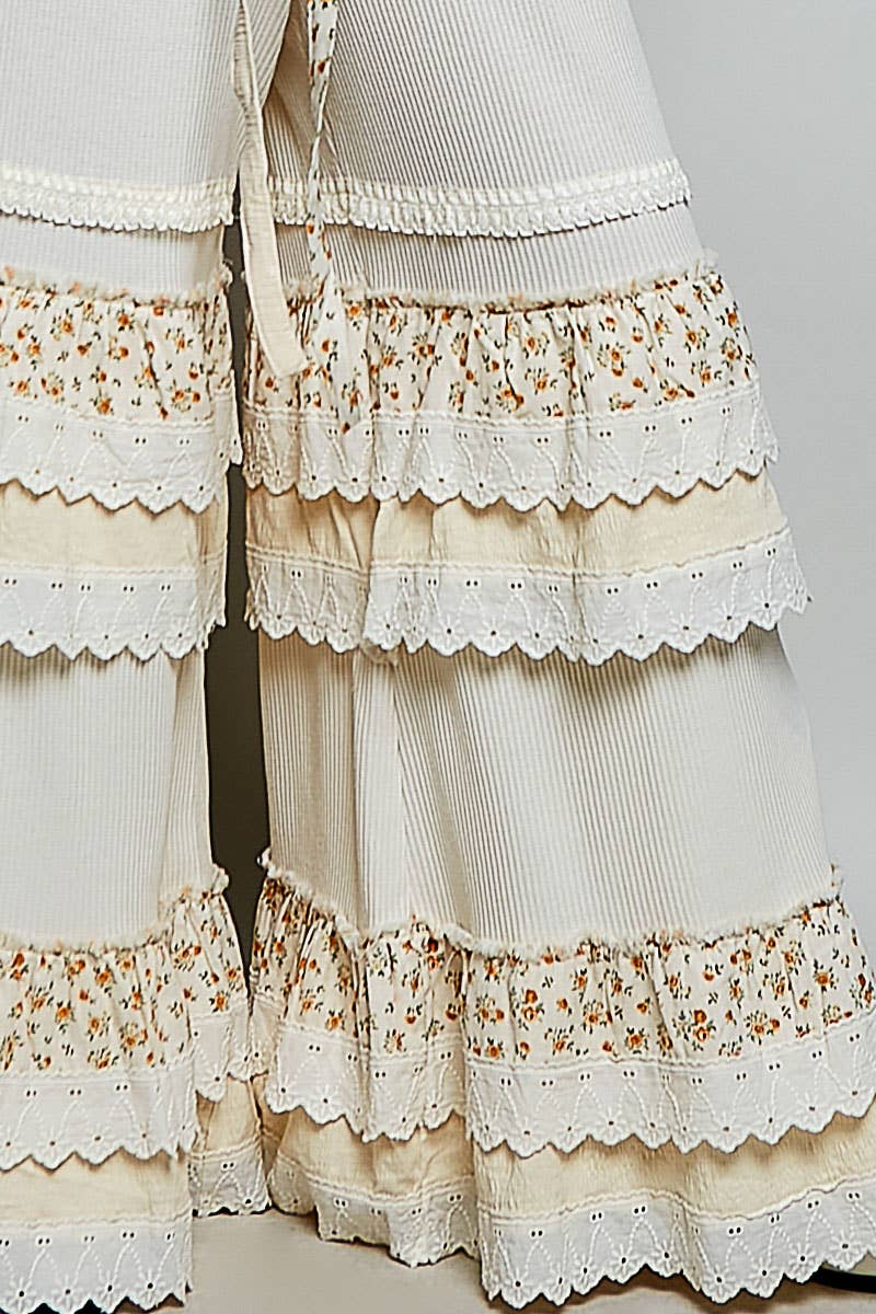 Floral Contrast Eyelet Ruffle Lace Trim Straight Knit Pants: BLUSH