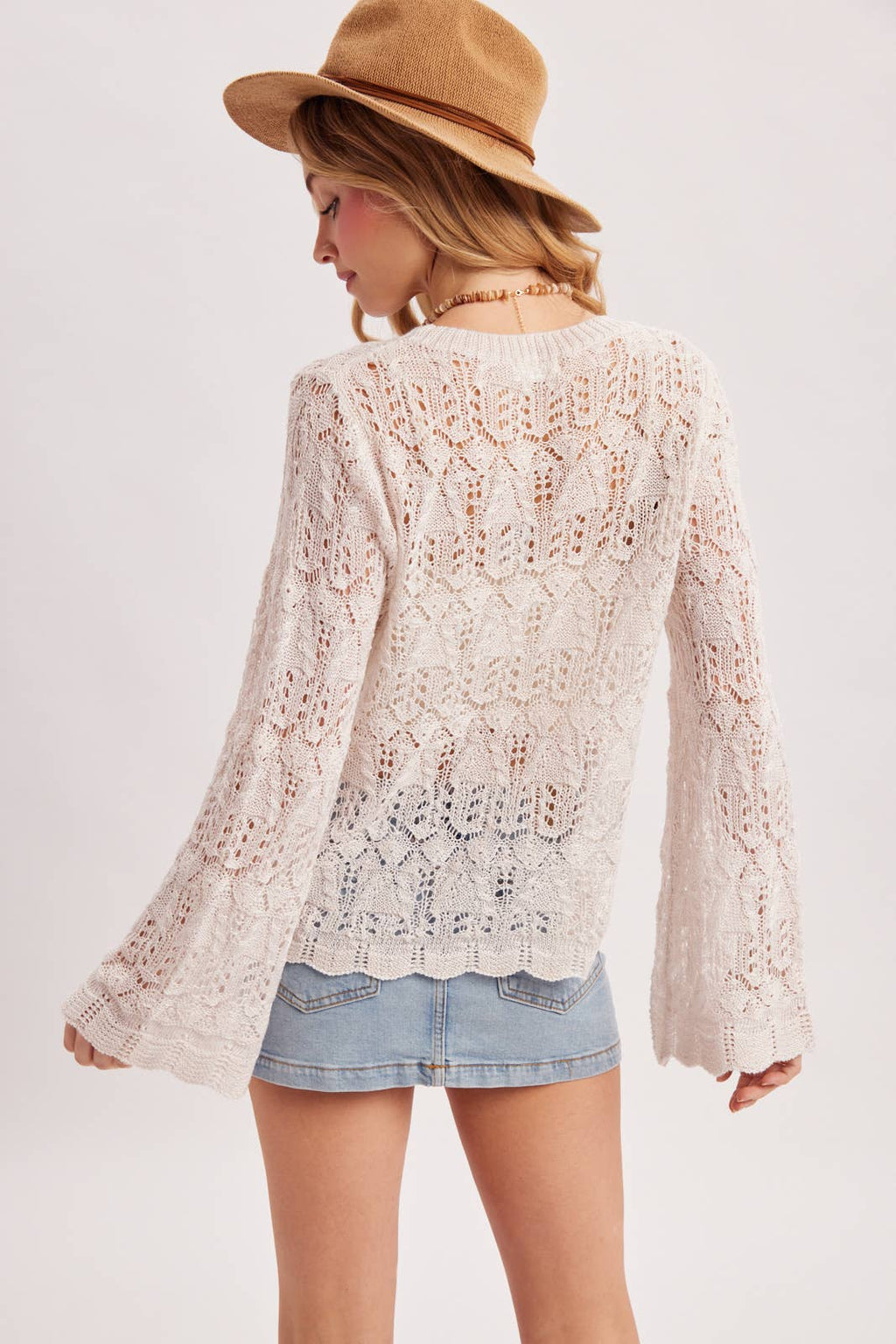 BOHO POINTELLE OPEN KNIT TOP PULLOVER