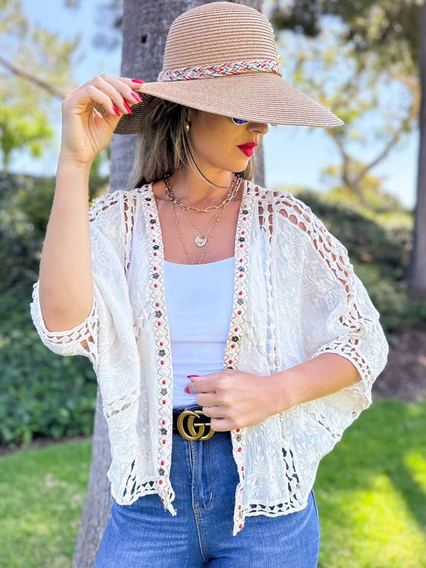 Boho Floral Embroidered Cotton Dolman Sleeve Cardigan: Ivory / One Size