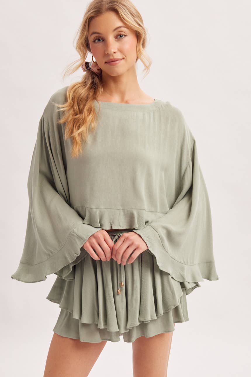 BILLOWY CROPPED OVERSIZED BELL SLEEVE RUFFLE HEM TOP: BIRCH