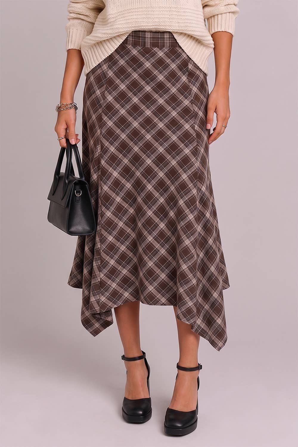 NS50216-Plaid Hanky Hem Midi Skirt