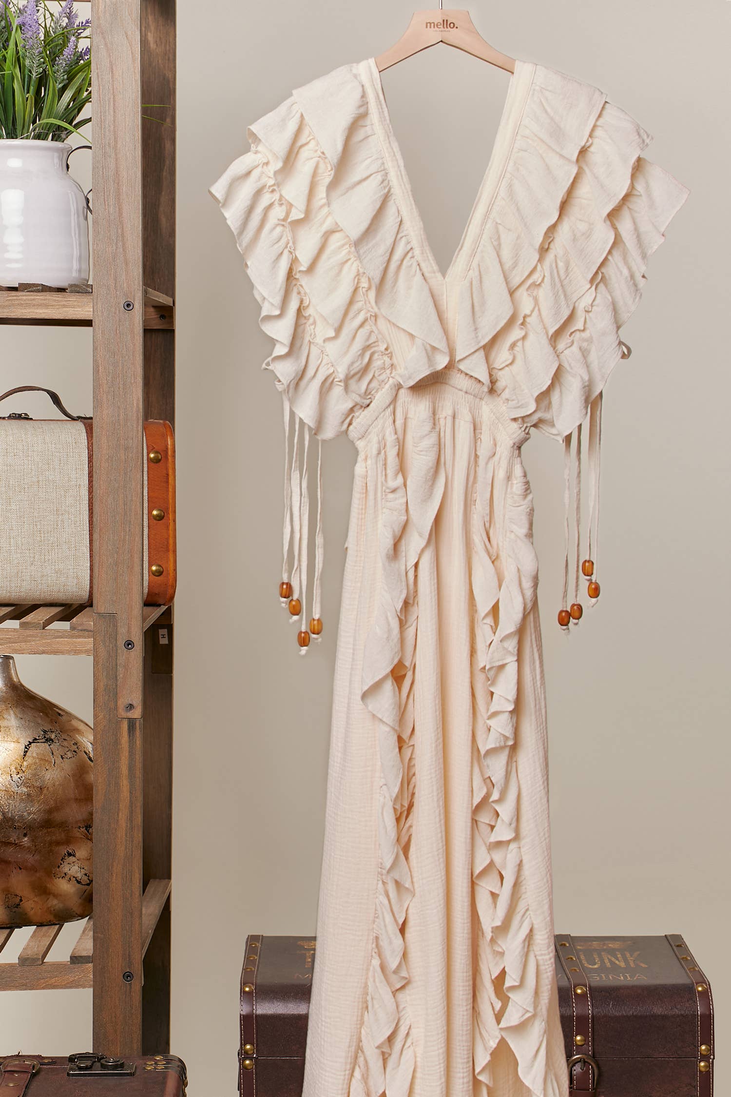 Flowy Ruffle Maxi Sleeveless Dress: Ivory