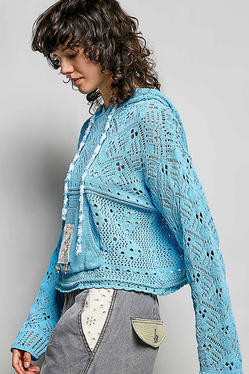 Chenille Crochet Lightweight Pullover Hoodie Sweater: NATURAL / L