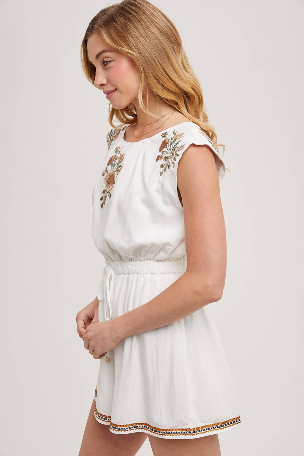 EMBROIDERED FLORAL WHITE DRAWSTRING ROMPER - EASTER DAY: IVORY